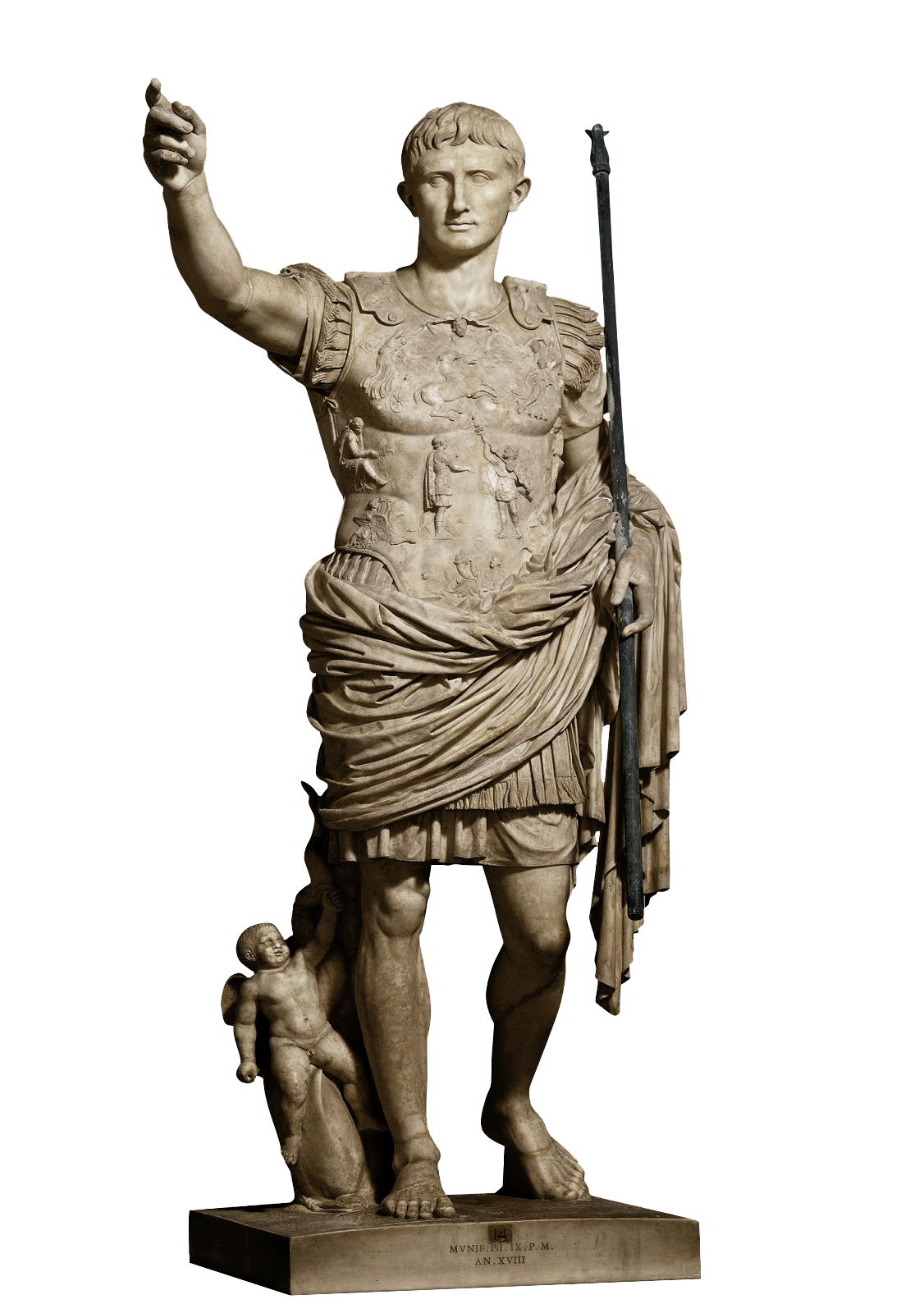 El Emperador Octavio Augusto, representado en el Augusto Prima Porta de los Museos Vaticanos, (existe una excelente réplica en el MUPAC) en conmemoración de sus últimas conquistas territoriales, representadas en su coraza. Entre ellas, la de Hispania, bajo su brazo derecho, ya que logra su dominio total e incorporación a Roma tras su dificultosa victoria sobre los Cántabros.